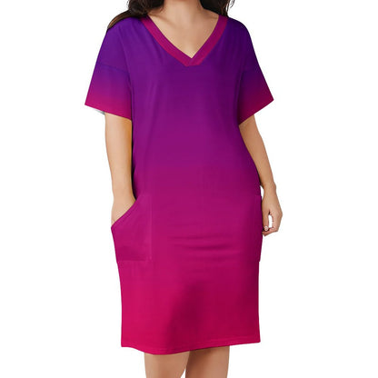 VIOLET OMBRÉ V-Neck Baggy Dress with Pocket