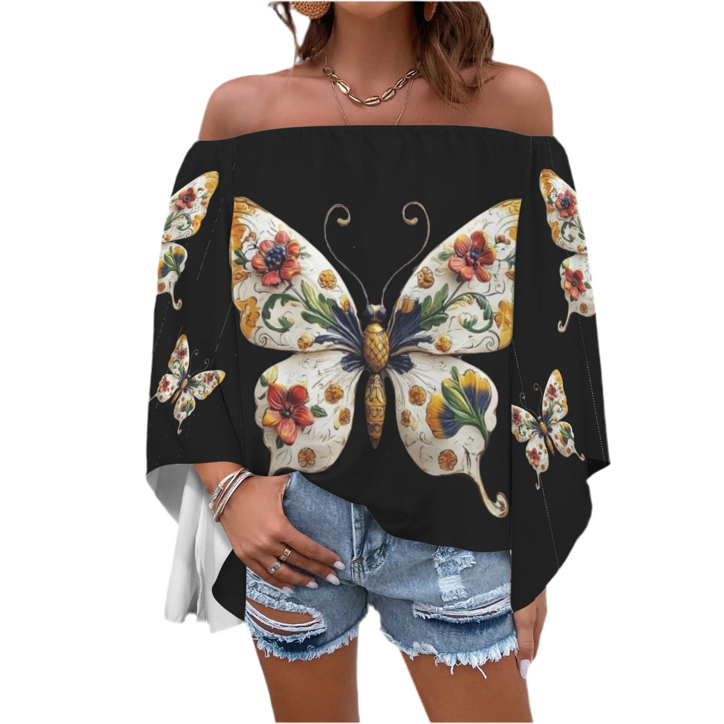 Butterfly Beautiful Off Shoulder Trumpet Sleeve Blouse