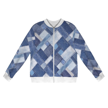 Patchwork Denim Casual Long Sleeve Zip-Up Bomber Jacket