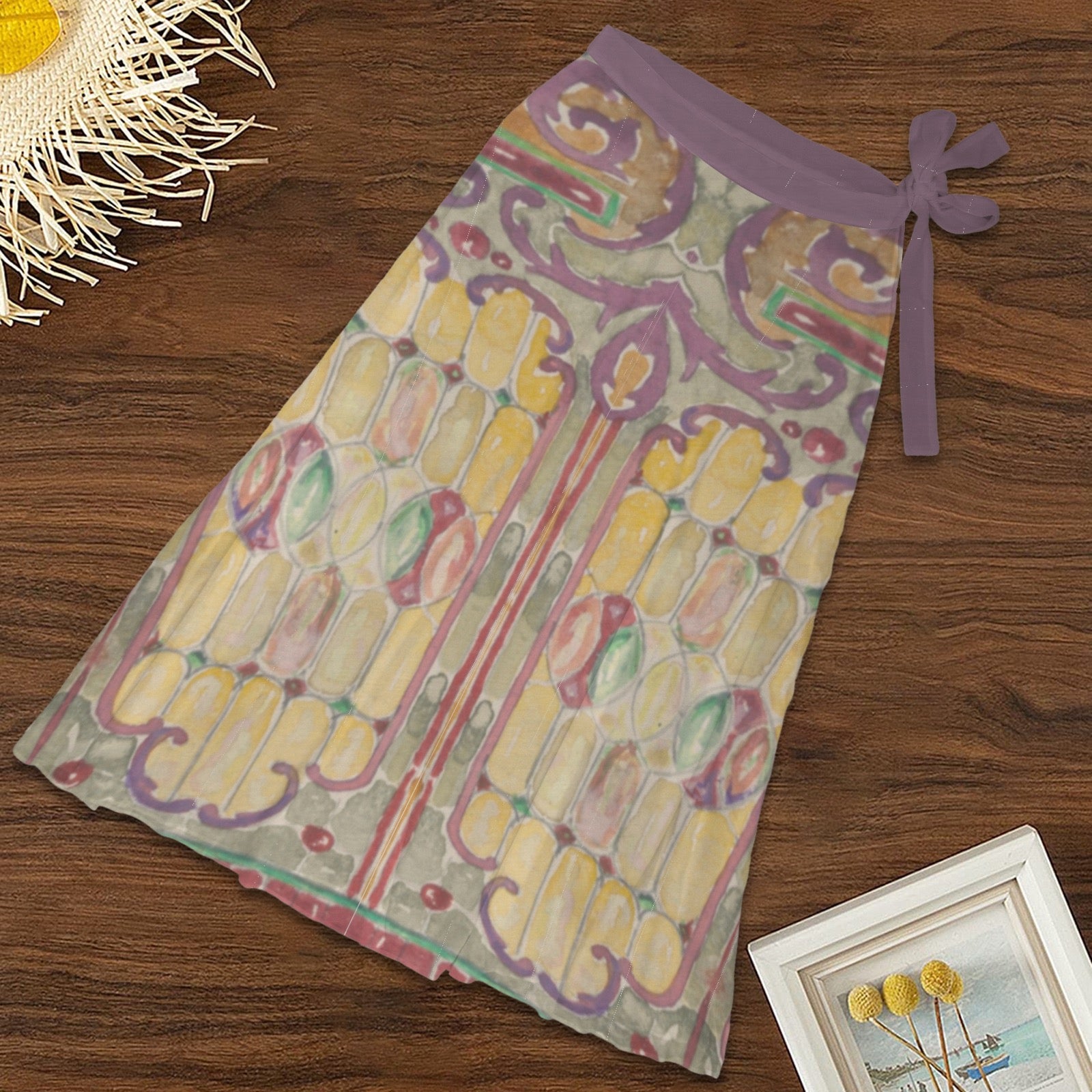 Watercolor Stained Glass design by Alice Cordelia Morse Women's Long Knot Side Cover Up