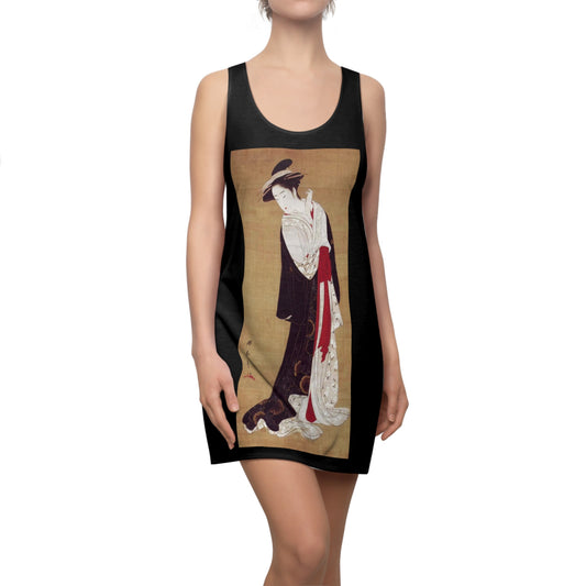 Katsukawa Shunsho: Standing Beauty, 18th century Japanese painting, Women's Cut & Sew Racerback Dress with creator’s Kangi signature