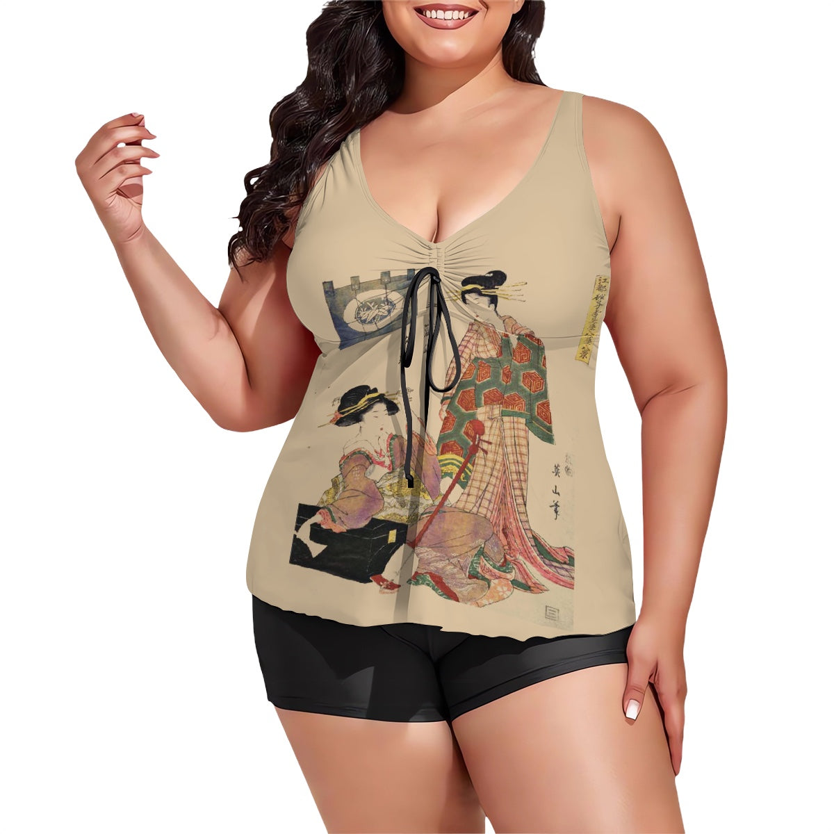 Japanese Block Prints Art by Kikugawa Eizan (1787 1867), Utagawa Kunisada (1786 1864), and Utagawa Kunimaru (1793 1829), on Plus Size Two Piece Swimsuit for Women