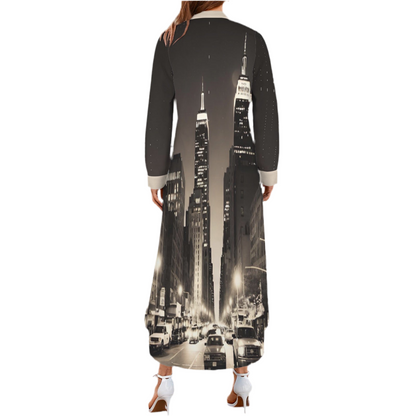 New York Night Women's Button Long Sleeve Shirt Dress
