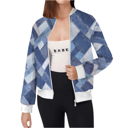 Patchwork Denim Casual Long Sleeve Zip-Up Bomber Jacket