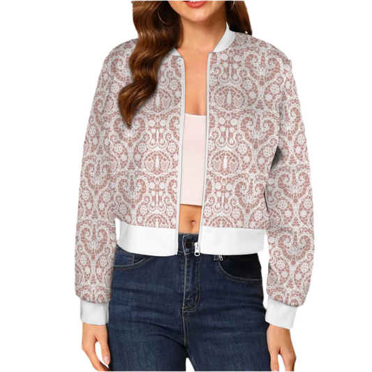 White Lace/Dusty Rose (short waist) Casual Long Sleeve Zip-Up Bomber Jacket