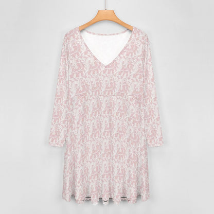 Pink & White Lace Oversized V-neck Long Sleeve Dress