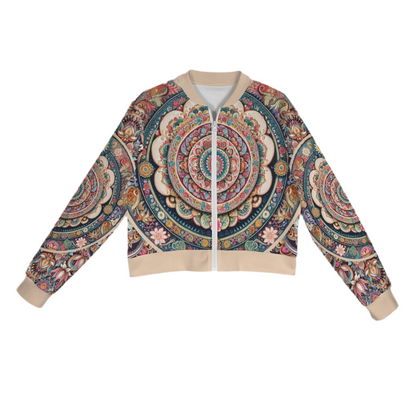 Mandala Casual Long Sleeve Zip-Up Bomber Jacket  (short waist)