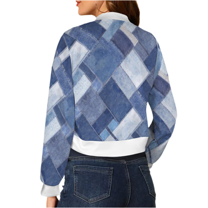 Patchwork Denim (short waist) Casual Long Sleeve Zip-Up Bomber Jacket