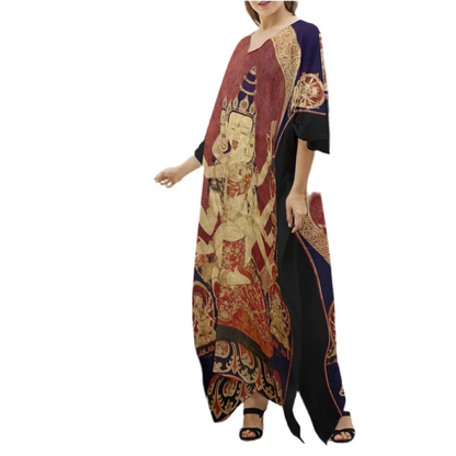 17th Century (1650) Tibeten Thanka of Guhyasamaja Akshobhyavajra, Women's Imitation Silk V-neck Kaftan Robe