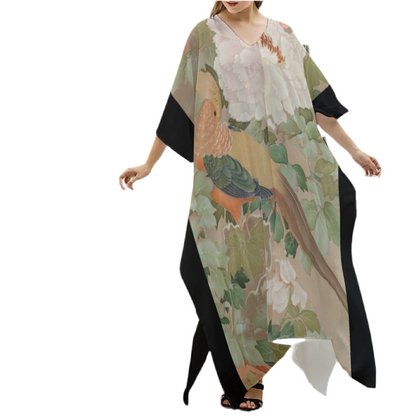 Early 19th Century Kimono, Pheasants amid Peonies-Authentic 19th Century Japanese Kimono Print on Women's Imitation Silk V-neck Kaftan Robe