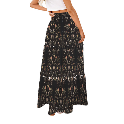 Chinese Qing Dynasty Woman's Floral Silk Robe design (1770-80) on Tie Front High Waist Frill Hem Maxi Skirt