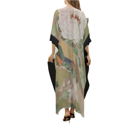 Early 19th Century Kimono, Pheasants amid Peonies-Authentic 19th Century Japanese Kimono Print on Women's Imitation Silk V-neck Kaftan Robe