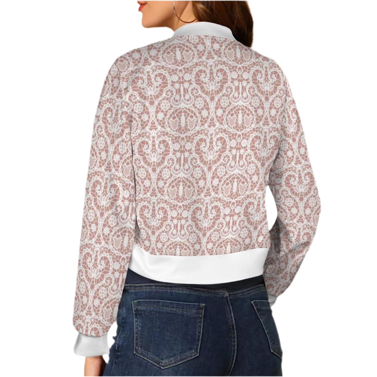 White Lace/Dusty Rose (short waist) Casual Long Sleeve Zip-Up Bomber Jacket