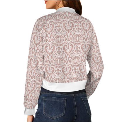 White Lace/Dusty Rose (short waist) Casual Long Sleeve Zip-Up Bomber Jacket