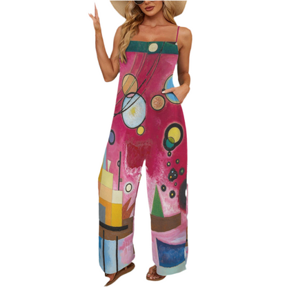 Wassily Kandinsky’s, Heavy Red painting (1924) on Custom Specialized Spaghetti Straps Pocket Wide Leg Jumpsuit