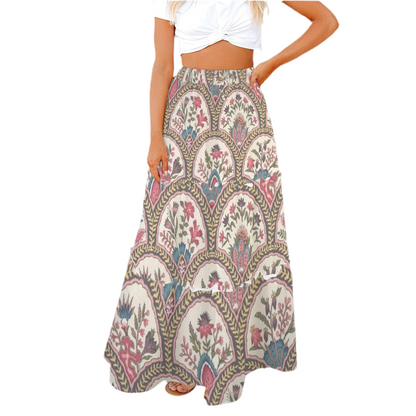 Folky Floral Fan Tie Front High Waist Frill Hem Maxi Skirt