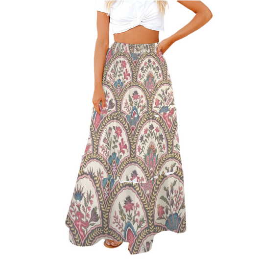 Folky Floral Fan Tie Front High Waist Frill Hem Maxi Skirt