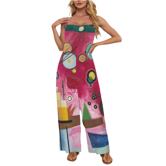 Wassily Kandinsky’s, Heavy Red painting (1924) on Custom Specialized Spaghetti Straps Pocket Wide Leg Jumpsuit