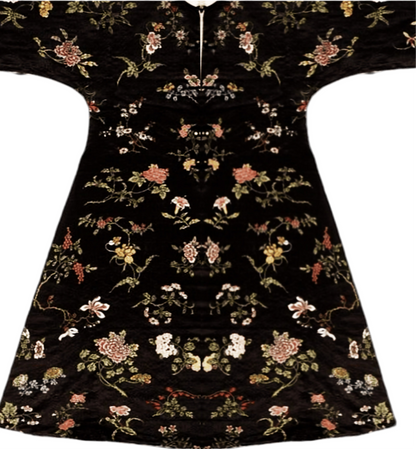 Chinese Qing Dynasty Woman's Floral Silk Robe design (1770-80) on Tie Front High Waist Frill Hem Maxi Skirt