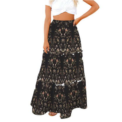 Chinese Qing Dynasty Woman's Floral Silk Robe design (1770-80) on Tie Front High Waist Frill Hem Maxi Skirt