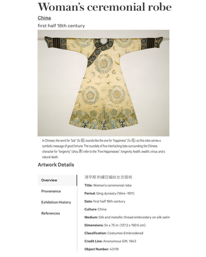 Chinese, Early 18th Century Woman’s Silk Ceremonial Robe design on Woman’s ceremonial robe