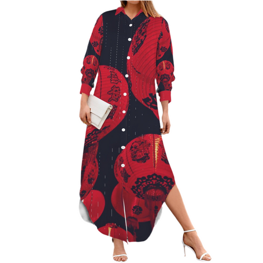 Chinese Lantern Light Women’s Button Long Sleeve Shirt Dress