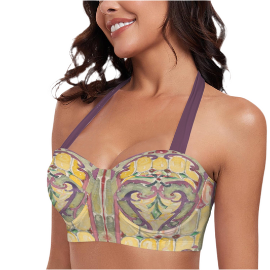 Watercolor Stained Glass design by Alice Cordelia Morse on Women's Halter Neck Gather Chest Bikini Top