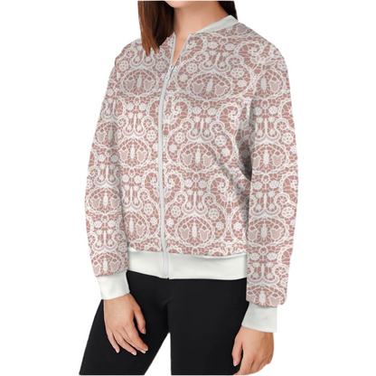 White Lace/Dusty Rose Casual Long Sleeve Zip-Up Bomber Jacket