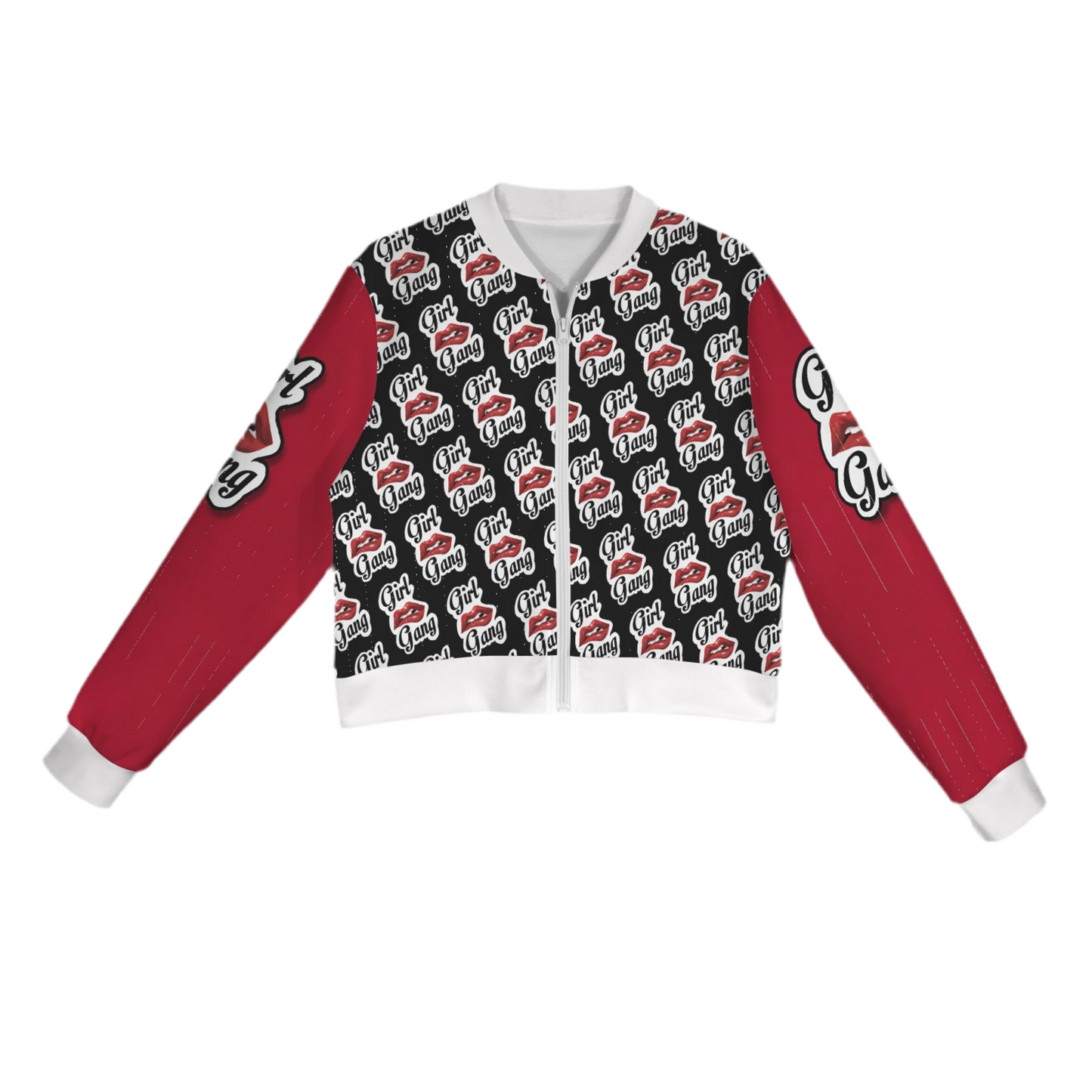 Girl Gang (white trim) (short waist) Casual Long Sleeve Zip-Up Bomber Jacket