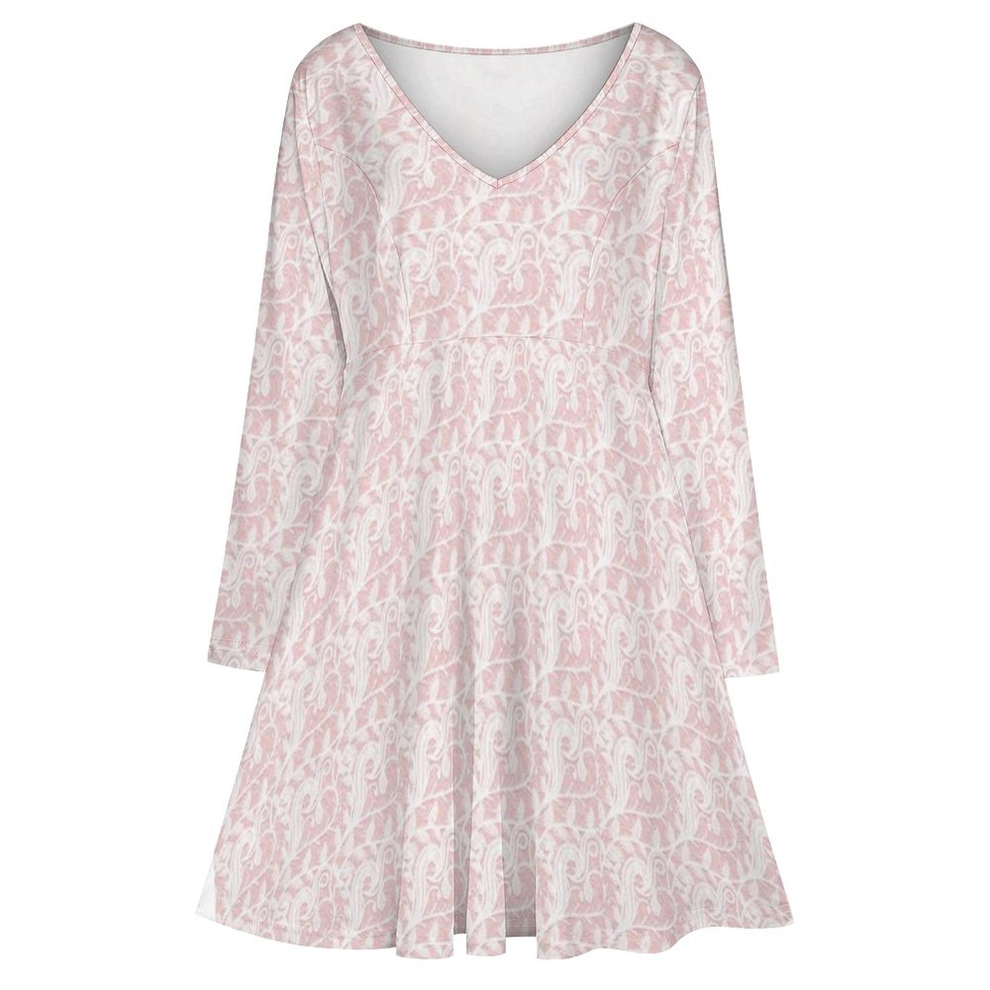 Pink & White Lace Oversized V-neck Long Sleeve Dress
