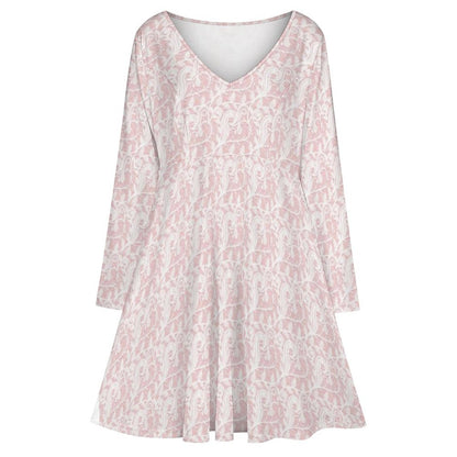 Pink & White Lace Oversized V-neck Long Sleeve Dress
