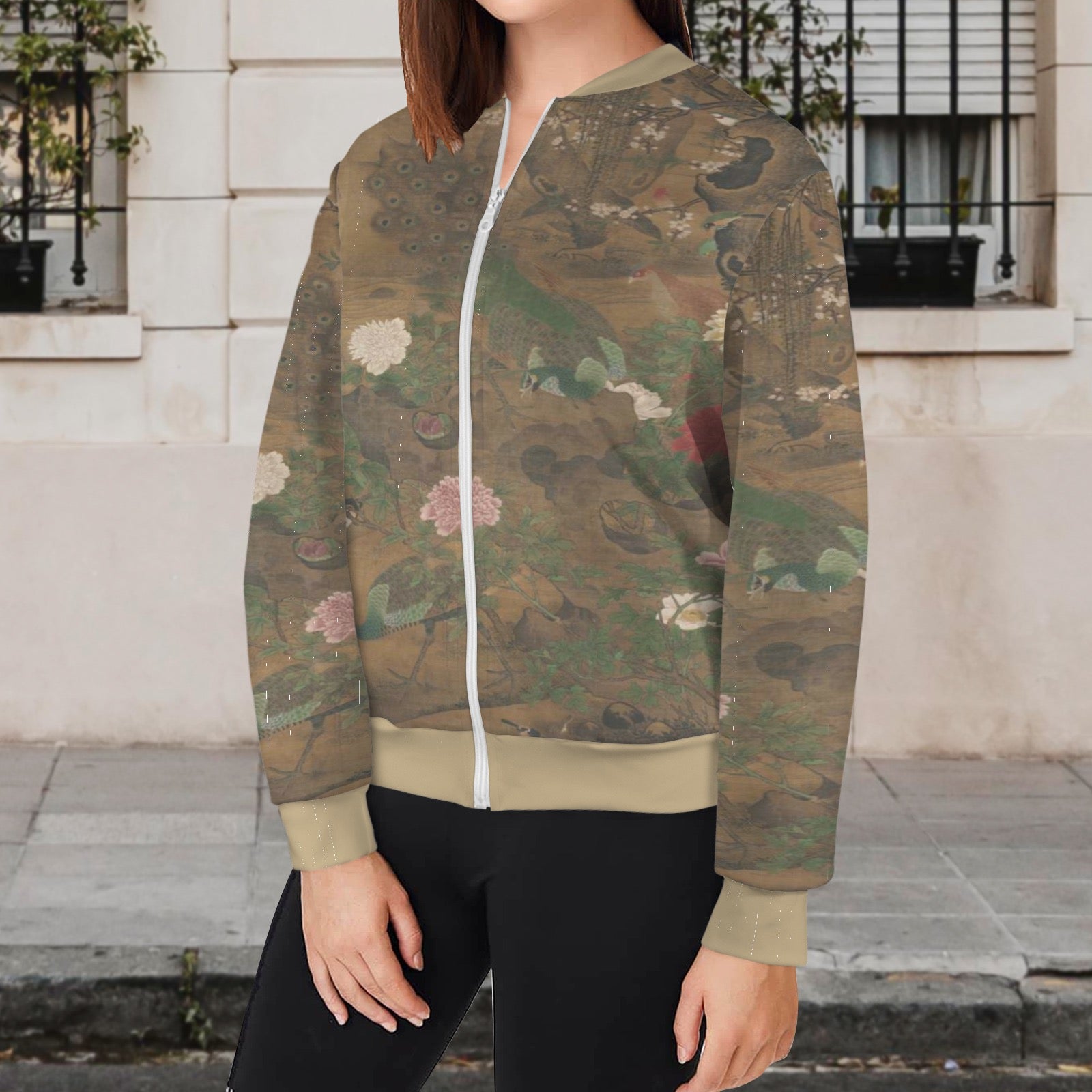 16th Century Painting by Yin Hong - Birds Gather under the Spring Willow Bomber Jacket