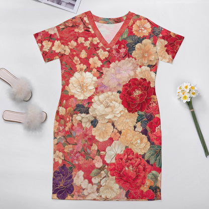 East In Bloom V-Neck Baggy Dress with Pockets