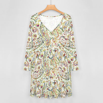 Watercolor Paisley Oversized V-neck Long Sleeve Dress