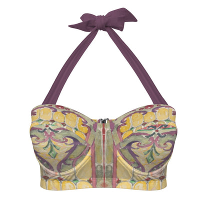 Watercolor Stained Glass design by Alice Cordelia Morse on Women's Halter Neck Gather Chest Bikini Top