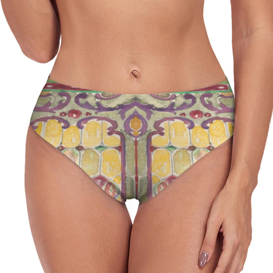 Watercolor Stained Glass design by Alice Cordelia Morse on High-Waisted Bikini Bottom