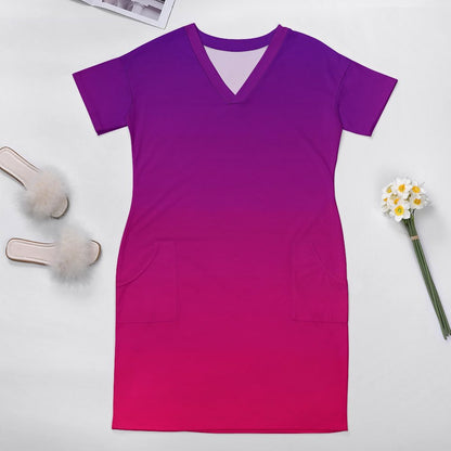 VIOLET OMBRÉ V-Neck Baggy Dress with Pocket