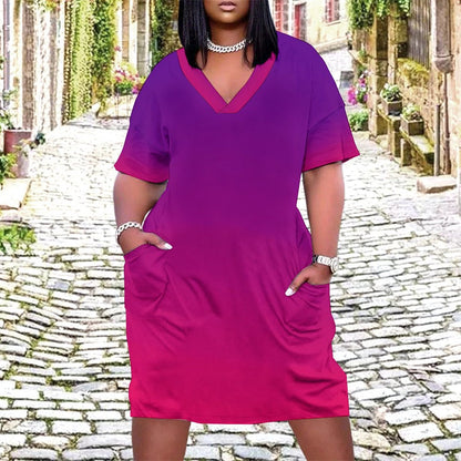 VIOLET OMBRÉ V-Neck Baggy Dress with Pocket