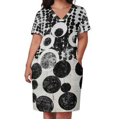 Buttons & Bobbles V-Neck Baggy Dress with Pockets