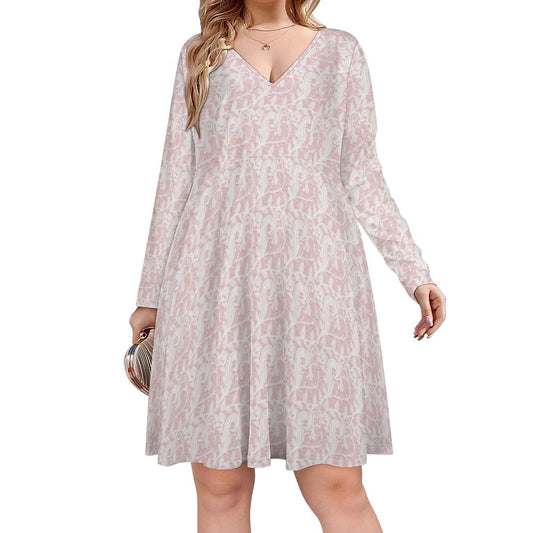 Pink & White Lace Oversized V-neck Long Sleeve Dress
