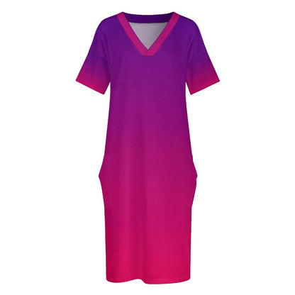 VIOLET OMBRÉ V-Neck Baggy Dress with Pocket