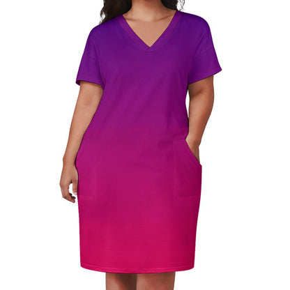 VIOLET OMBRÉ V-Neck Baggy Dress with Pocket
