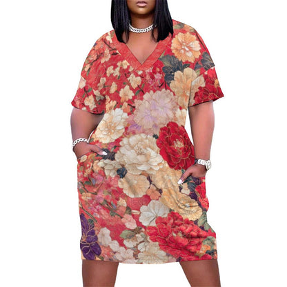 East In Bloom V-Neck Baggy Dress with Pockets