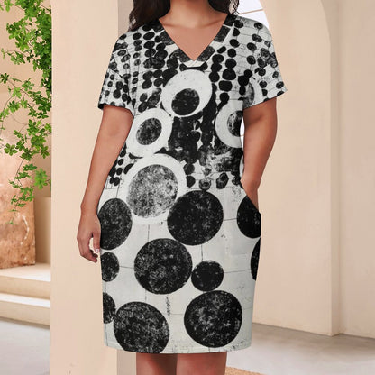 Buttons & Bobbles V-Neck Baggy Dress with Pockets