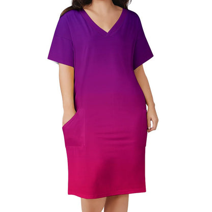 VIOLET OMBRÉ V-Neck Baggy Dress with Pocket
