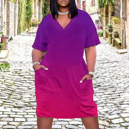 VIOLET OMBRÉ V-Neck Baggy Dress with Pocket