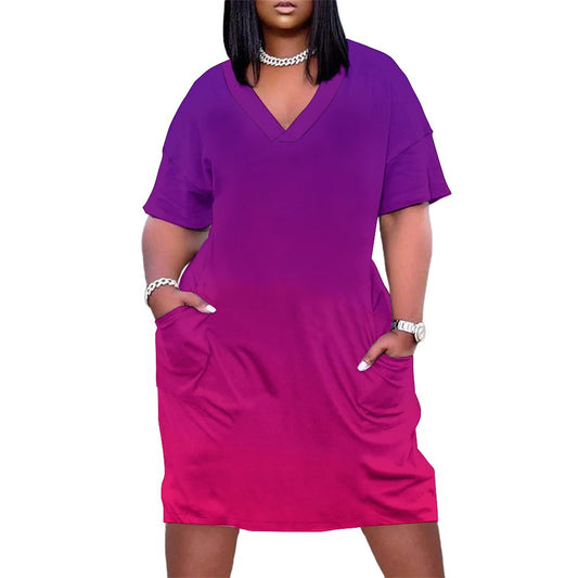 VIOLET OMBRÉ V-Neck Baggy Dress with Pocket