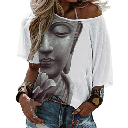 Buddha Flower Bliss Women’s Off the Shoulder Half-Sleeve T-shirt